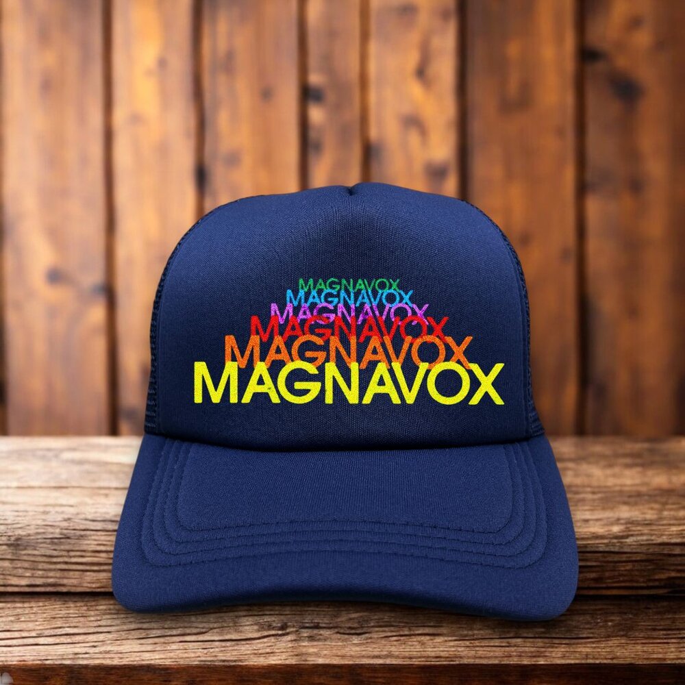 Defunct Magnavox Mens Trucker Hat Navy Snapback Retro Logo Nostalgic Ball Cap